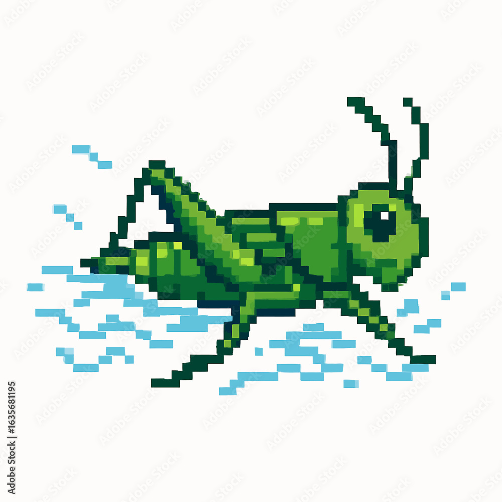 Obraz premium Charming pixel art grasshopper leaping across water, a whimsical and vibrant design element