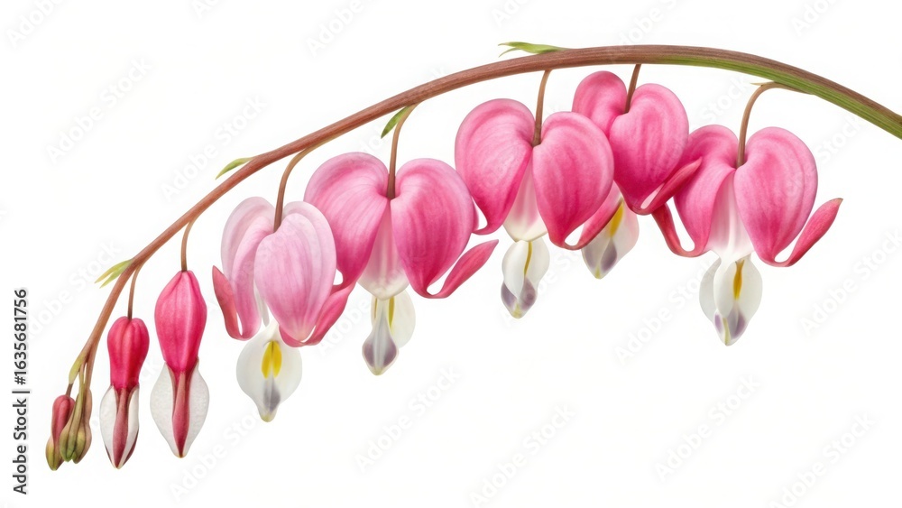 Fototapeta premium A branch of bleeding heart flowers with pink and white petals isolated on a white background view