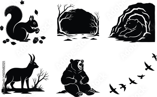 Vector art of collection of wildlife animals and nature scenes isolated on white background vector