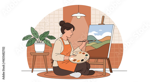 A young woman artist paints a landscape on an easel, seated on a rug in a cozy home studio, illustrated with warm earth tones, flat-lay style.