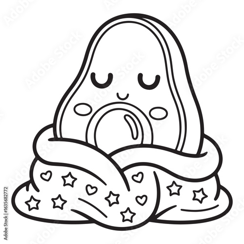 Cartoon avocado sleeping wrapped in a blanket with stars