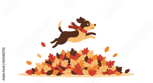 Happy dog leaping over autumn leaves; flat lay illustration with warm, fall colors against a white background.