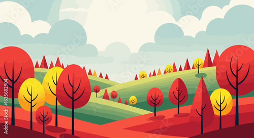 A vibrant, stylized illustration of a rolling autumn landscape with colorful red and yellow trees under a cloudy sky.