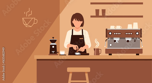 A female barista prepares a fresh espresso behind the counter of a modern coffee shop.