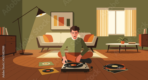 A young man sits on the floor listening to vinyl records on a turntable in a retro-style living room.