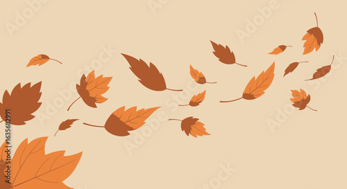 An illustration of brown and orange autumn leaves blowing in the wind against a beige background.