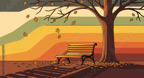 A solitary park bench rests under a tree with falling leaves against a colorful, striped autumn background.
