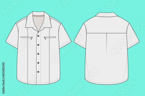Men's Short Sleeve Button Down Revere Collar Shirt Flat Sketch Outline.