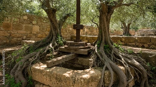 Ancient olive press surrounded by lush trees and ruins