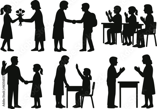 Vector art of silhouette of people greeting each other isolated on white background vector