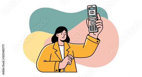 An illustrated woman in a yellow jacket holds up a retro flip phone to take a selfie.