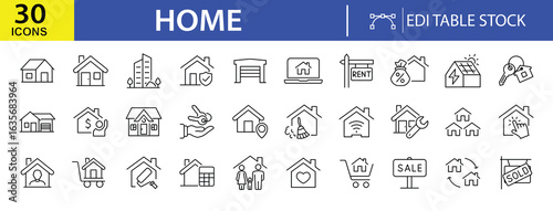 Home Icons Set: A comprehensive collection of 30 meticulously crafted home-related icons, ideal for illustrating various concepts such as real estate, home services, and housing-related topics.