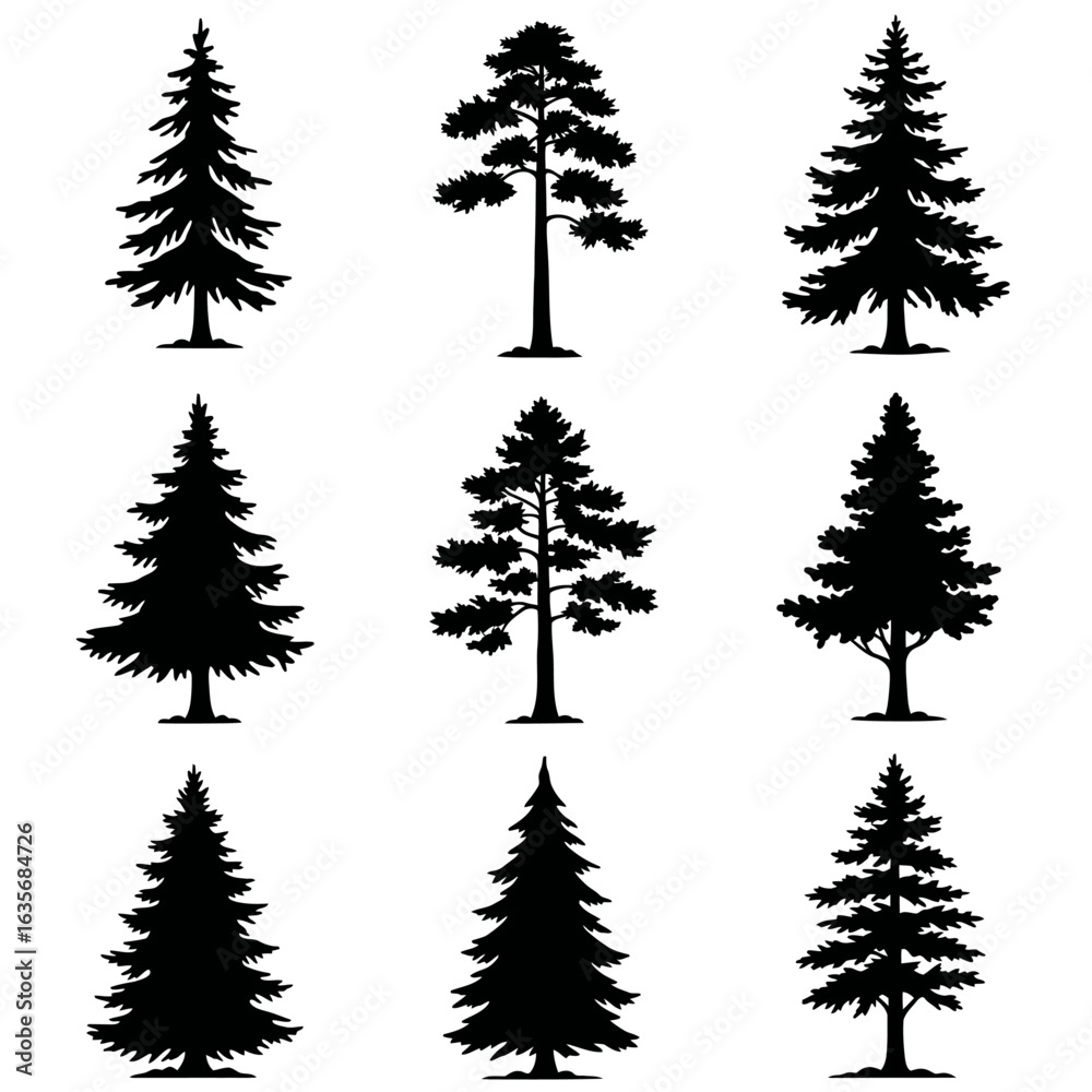 Obraz premium Black Silhouettes of Various Pine Trees Collection