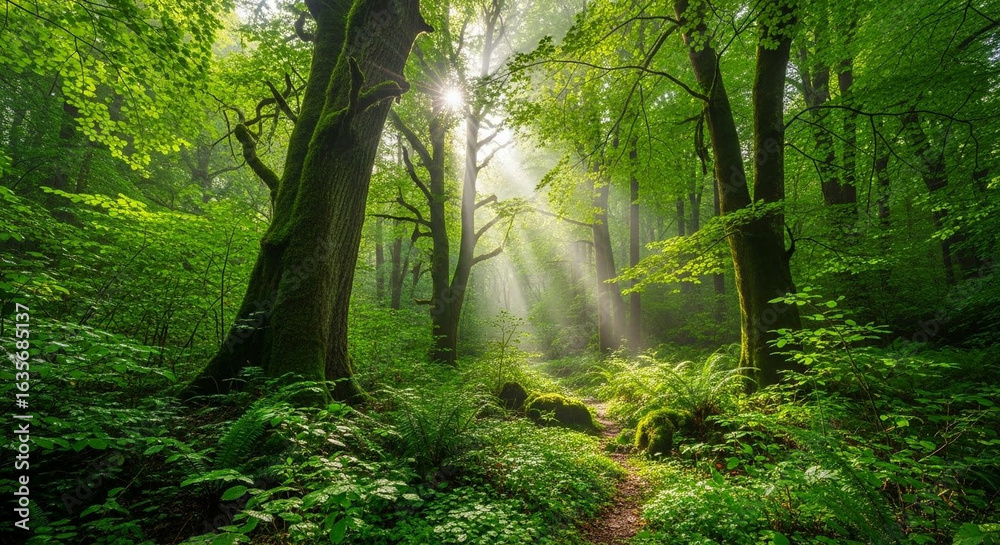 Obraz premium Lush Green Forest with Sunlight Rays