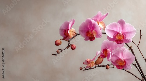 Pink Taiwan Orchid in a Minimalist Florist Shop Setting with Soft Pink Blooms and Neutral Backdrop