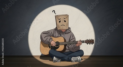 Illustration of a shy, anonymous musician with a paper bag on their head, playing acoustic guitar alone in a spotlight