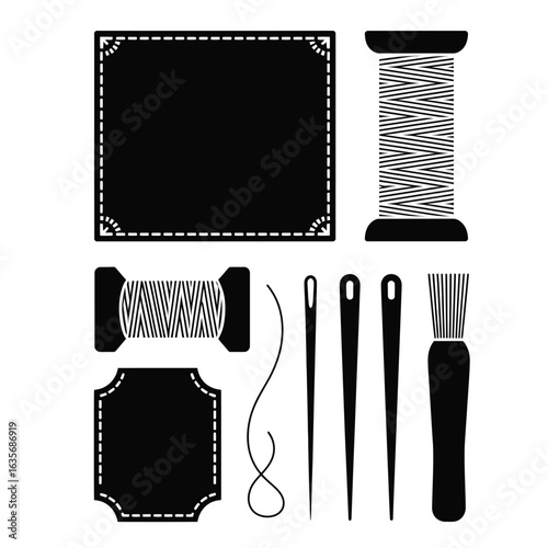 Nomadic tent stitching tools with canvas sheet, thick thread, needle, leather patch, stitching frame, and seam brush black and white vector