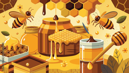 Honey set vector illustration showcasing a jar, honey dipper, and bees, designed with vibrant colors and details..eps