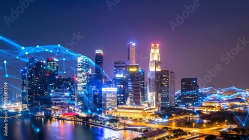 Wallpaper Mural Futuristic Singapore Cityscape at Night with Digital Network Overlay and City Lights Reflections Torontodigital.ca