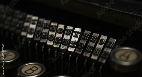 Vintage Typewriter Keys: Close-up of Worn Metal Type with the word 'thought' visible