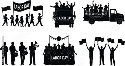 Vector art of labor day parade with people and banners isolated on white background vector