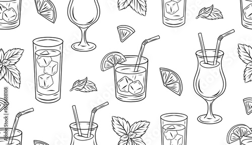 Vector seamless pattern featuring cocktail glasses, lemon slices, and mint leaves. Line art style texture. Ideal for textile prints, wrapping paper, menu backgrounds, or summer designs.