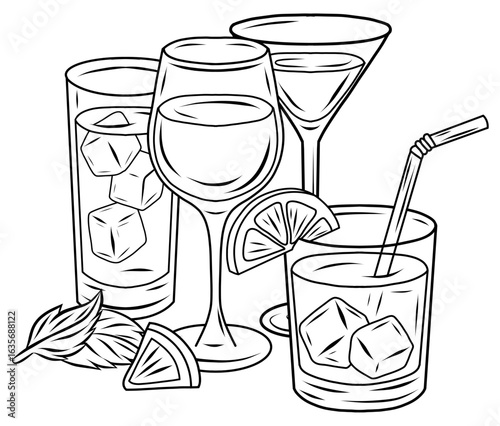 Vector drawing of contour cocktails with ice cubes, lemon garnish, and straws. Monochrome modern, hand drawn style. Great for restaurant menus, bar advertisements or drink recipe books.