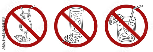 Vector set of cocktails in the prohibition sign. Collection of forbidden signs with alcoholic drinks. It is prohibited to drink alcohol. Cocktails in ban.
