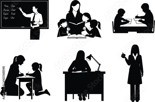 Vector art of silhouettes of teachers and students in various educational settings isolated on white background vector