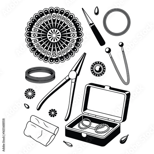 Sardinian folk jewelry tools with metal wire, filigree mold, polishing cloth, tiny pliers, and gemstone box black and white vector