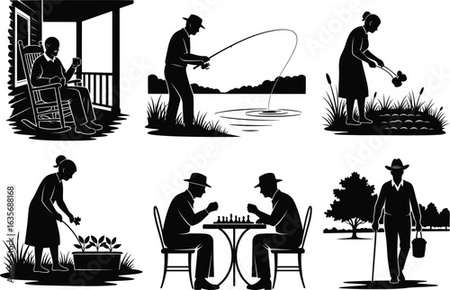Vector art of silhouettes of seniors enjoying leisure activities isolated on white background vector