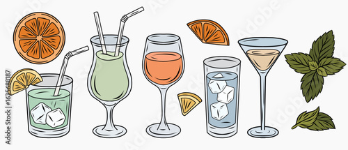 Vector colorful clip arts set of various cocktail glasses with ice cubes, straws, and lemon slices. Drawn in outline style with color fill. Perfect for menu design, bar posters, or summer party invita