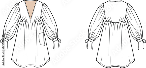 Fashion flat sketch of boho tunic dress with puff sleeves, deep V-neck, front pocket, and tie cuffs, vector template