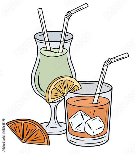 Vector drawing of two colorful cocktails with ice cubes, lemon garnish, and straws. Modern, hand drawn style with color fill. Great for restaurant menus, bar advertisements or drink recipe books.
