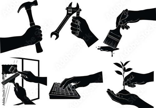 Vector art of silhouetted hands holding various tools isolated on white background vector