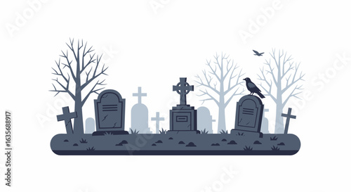 A somber graveyard scene featuring weathered tombstones, bare trees, and a crow perched on a grave, evoking a sense of Halloween or autumn melancholy.