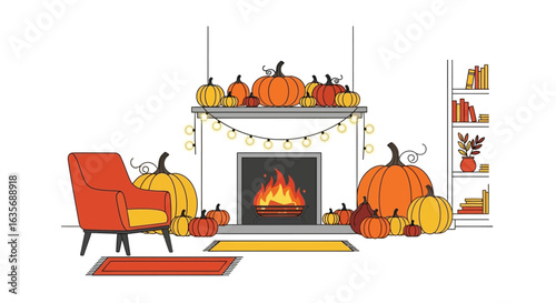 Cozy autumn living room scene featuring a fireplace adorned with pumpkins and string lights, a comfortable armchair, and a bookshelf.