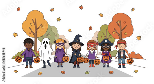 A diverse group of children dressed in Halloween costumes, holding candy buckets, walk down a street lined with autumn trees.