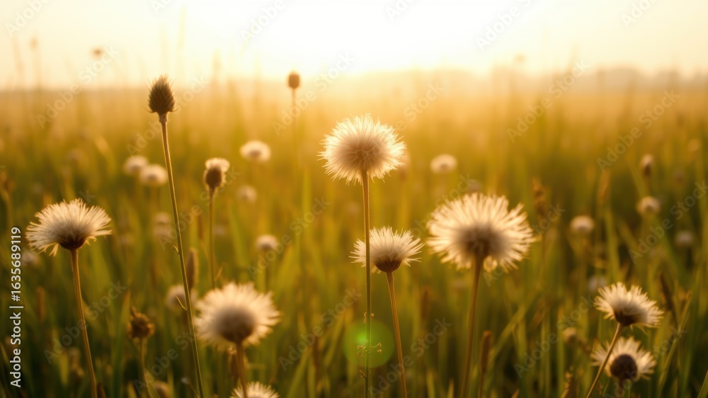 Fototapeta premium Soft cotton grass blooms in golden sunrise light