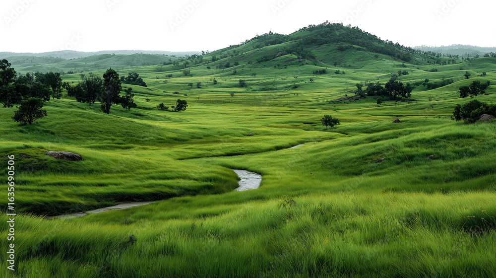 Obraz premium photography landscape grasslands and forests, vibrant green, isolated on white background