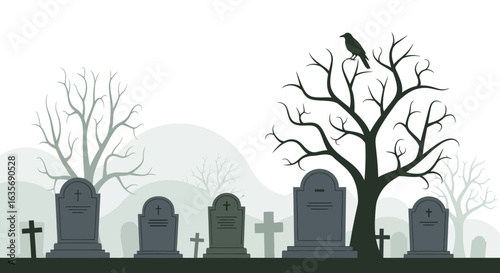 A spooky graveyard scene with silhouetted tombstones and bare trees, one of which hosts a perched crow against a foggy, atmospheric background.