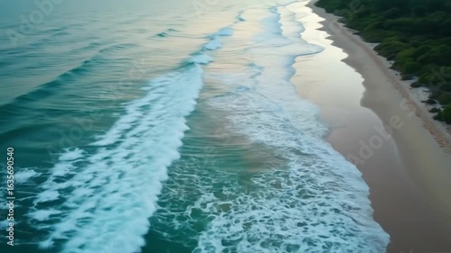 Aerial View of Tranquil Ocean Waves Meeting Sandy Beach Shores During Twilight