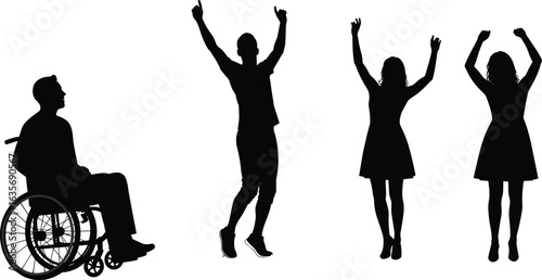 Inclusive, celebration, diverse, group, wheelchair, user, joyful, silhouettes, unity, diversity, happiness, togetherness