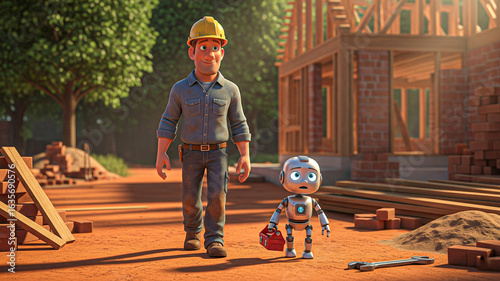 Friendly Robot and Construction Worker on a Sunny New Home Building Site