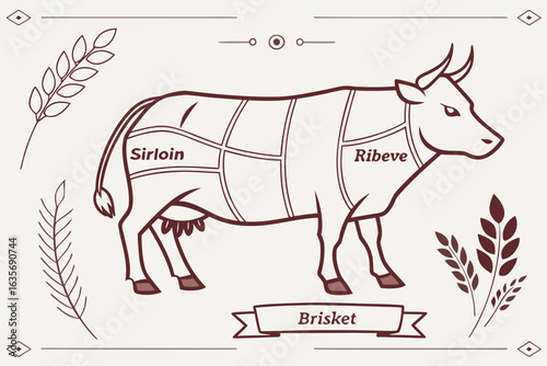 Illustration of a cow with marked cuts of meat including sirloin ribeye and brisket with wheat accents