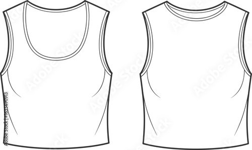 Sleeveless top technical drawing, scoop neckline, crew neckline, fashion sketch, garment template, clothing illustration, apparel design, pattern making, line art, style comparison.