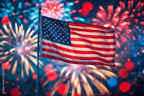 American flag waving against vibrant fireworks display celebration patriotism