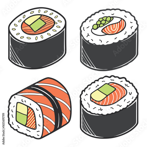 A display of four distinct sushi rolls featuring salmon avocado and rice in a stylized illustration style
