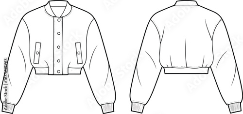 Technical fashion sketch of front and back jacket view, round neckline, button closure, flap pockets, ribbed cuffs, hem, garment design, apparel illustration.