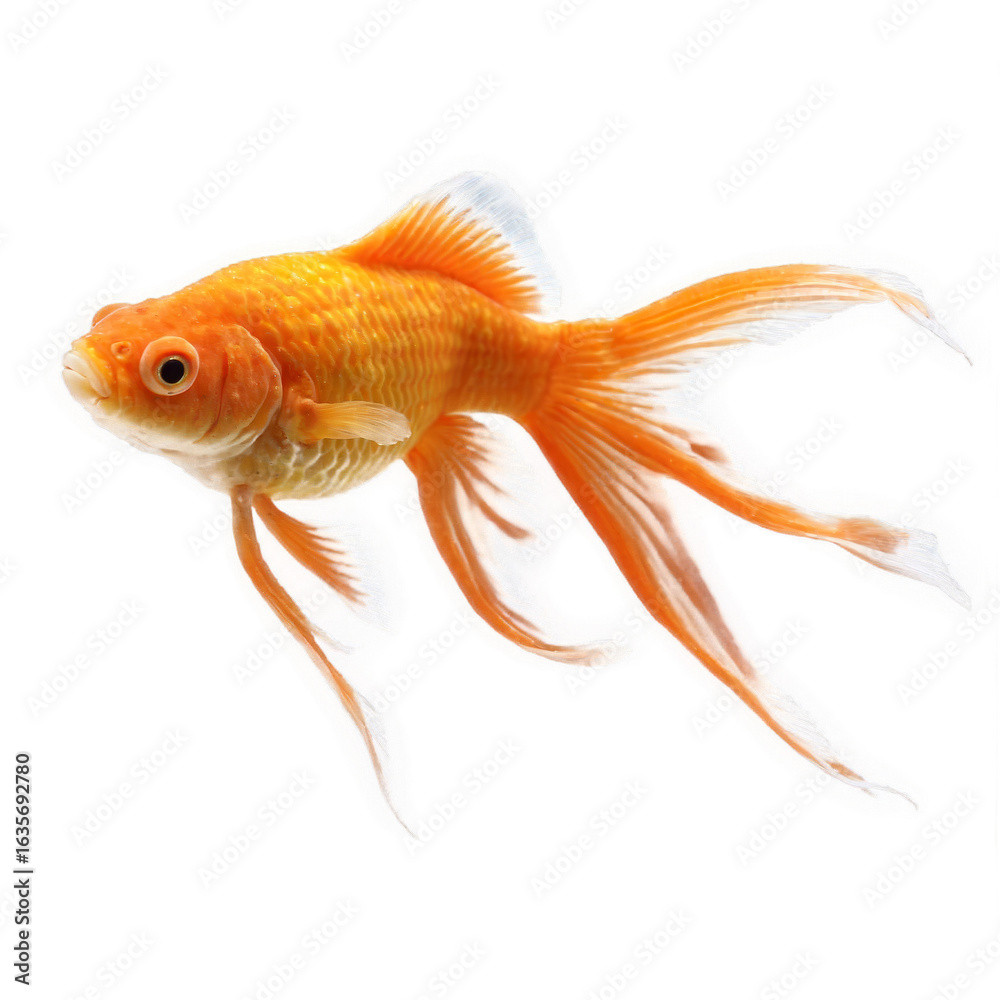 Fototapeta premium A Single Goldfish Swimming Upright, its Fins Flowing in Elegant Motion on White.